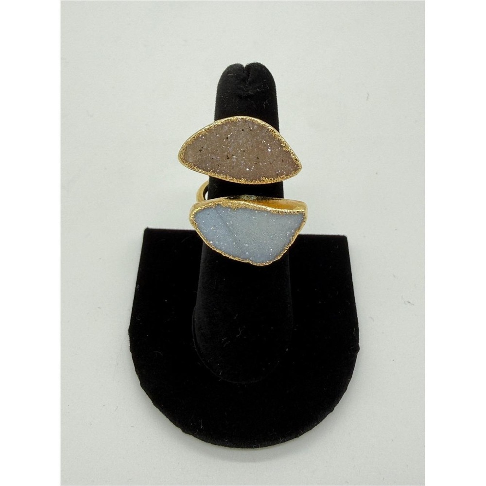 NWOT Gold-Trim Druzy Double Stone Ring in Beige and Light Blue